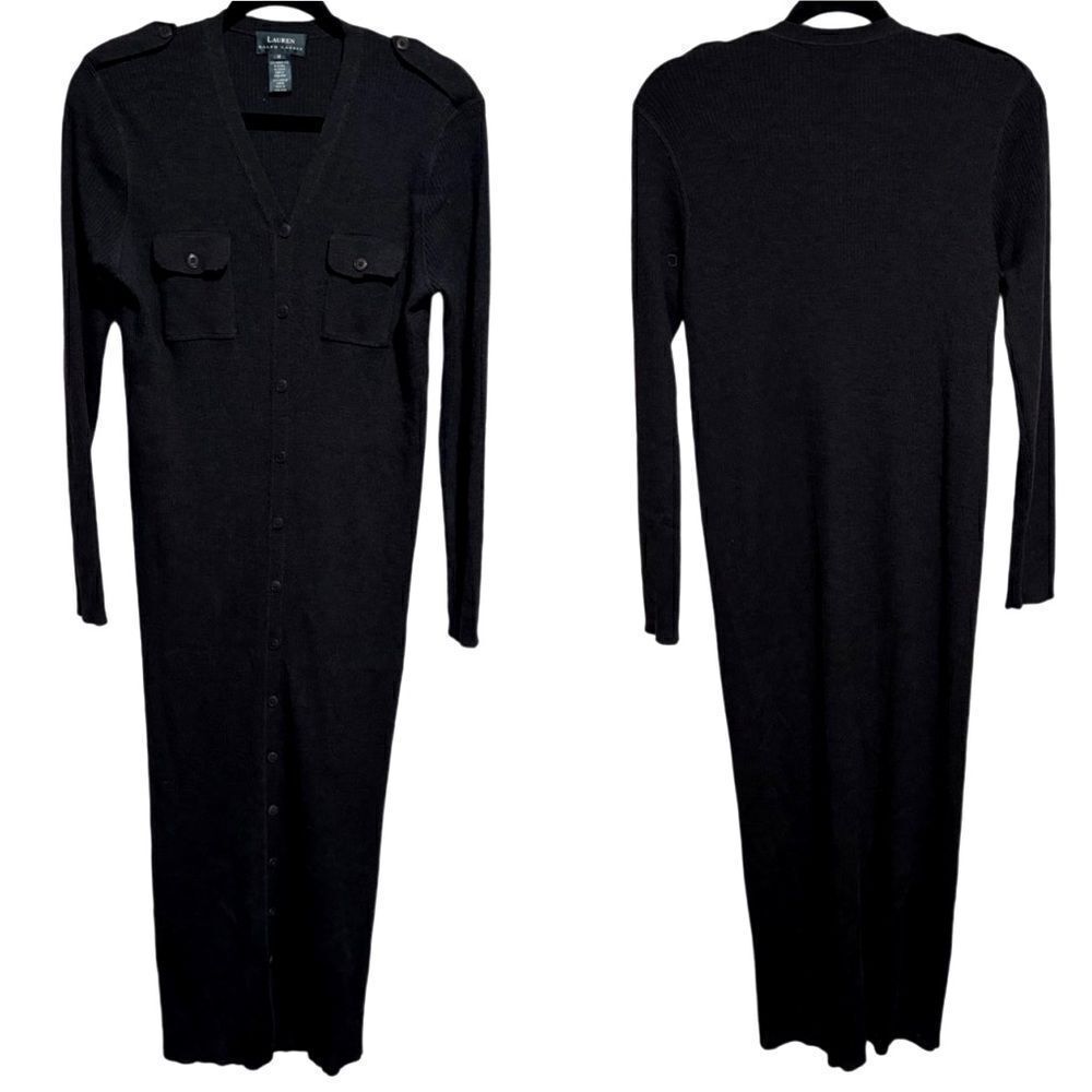 LRL- 100% Merino Wool Charcoal Grey Ribbed Button Front Maxi Dress, Size Medium